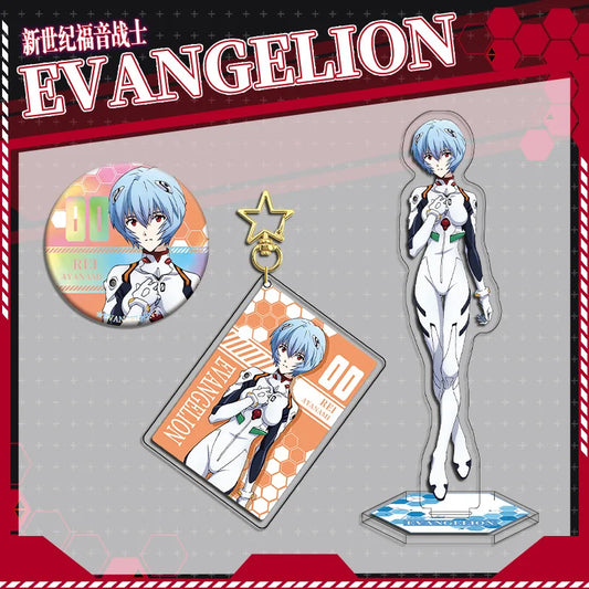 Evangelion Ayanami Rei Acrylic Stand Keychain & Double-Sided Badge Set