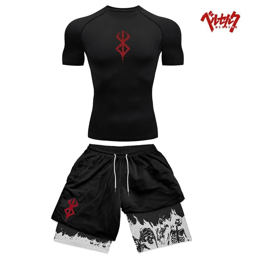 Berserk Style Compression Shirt & Shorts Set - Anime Workout Set Rash Guard