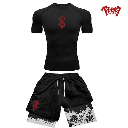 Berserk Style Compression Shirt & Shorts Set - Anime Workout Set Rash Guard