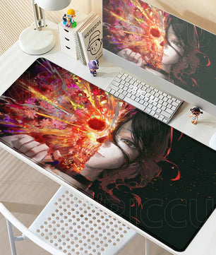 Chainsaw Man Reze Fiery Split Portrait Mouse Pad – Large Gaming & Office Desk Mat