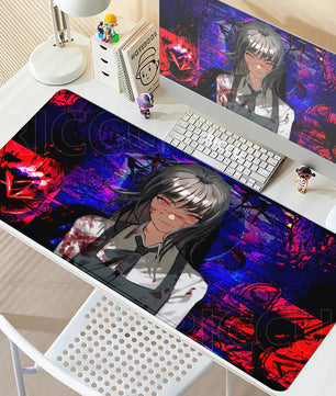 Chainsaw Man Yoru Neon Red & Blue Portrait Mouse Pad – Large Gaming & Office Desk Mat