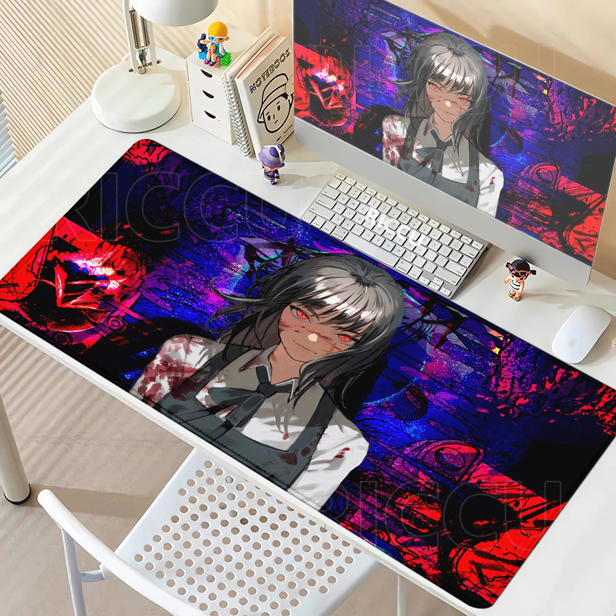 Chainsaw Man Yoru Neon Red & Blue Portrait Mouse Pad – Large Gaming & Office Desk Mat