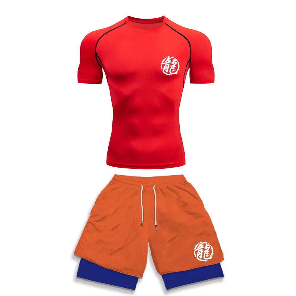 Anime Style Compression Shirt & Shorts Set - Anime Workout Set Rash Guard