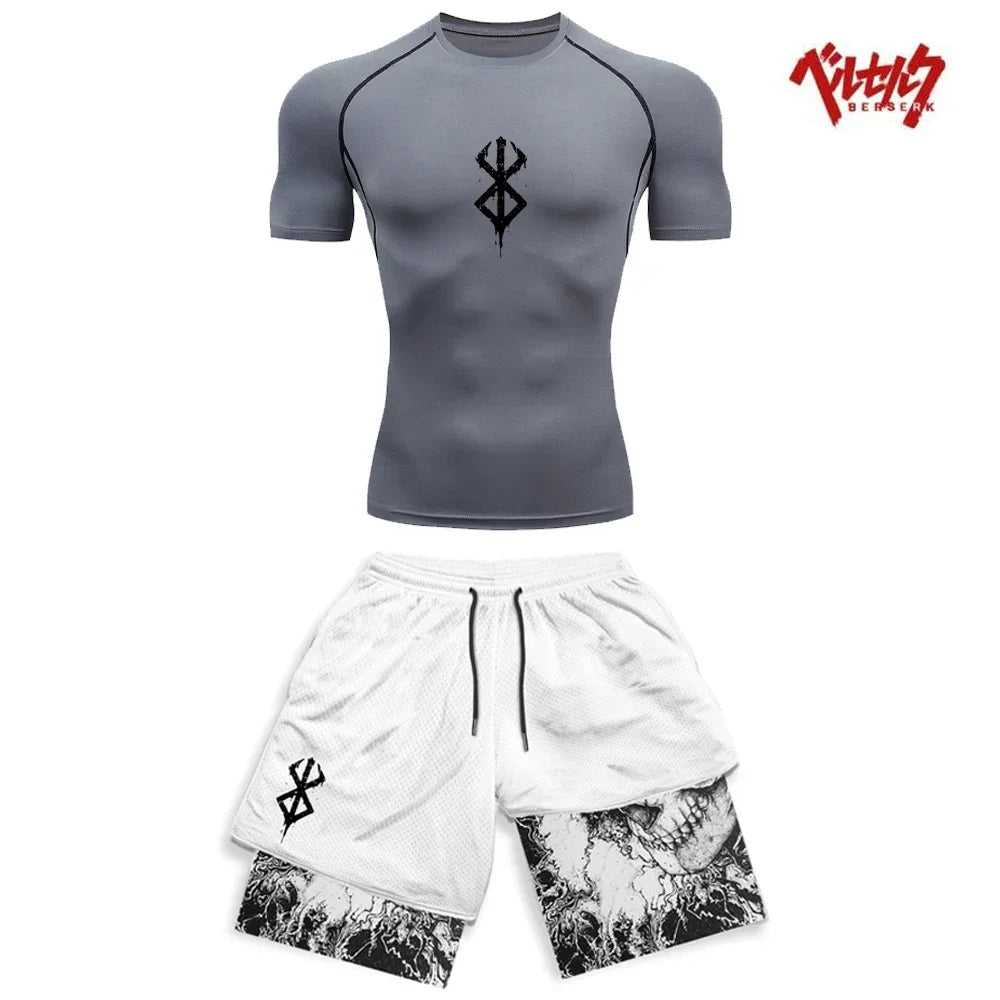 Berserk Style Compression Shirt & Shorts Set - Anime Workout Set Rash Guard