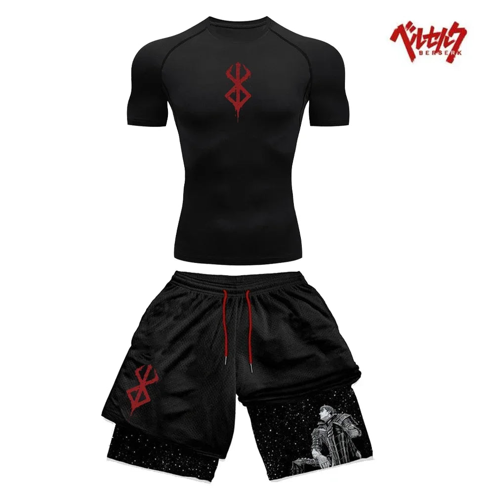 Berserk Style Compression Shirt & Shorts Set - Anime Workout Set Rash Guard