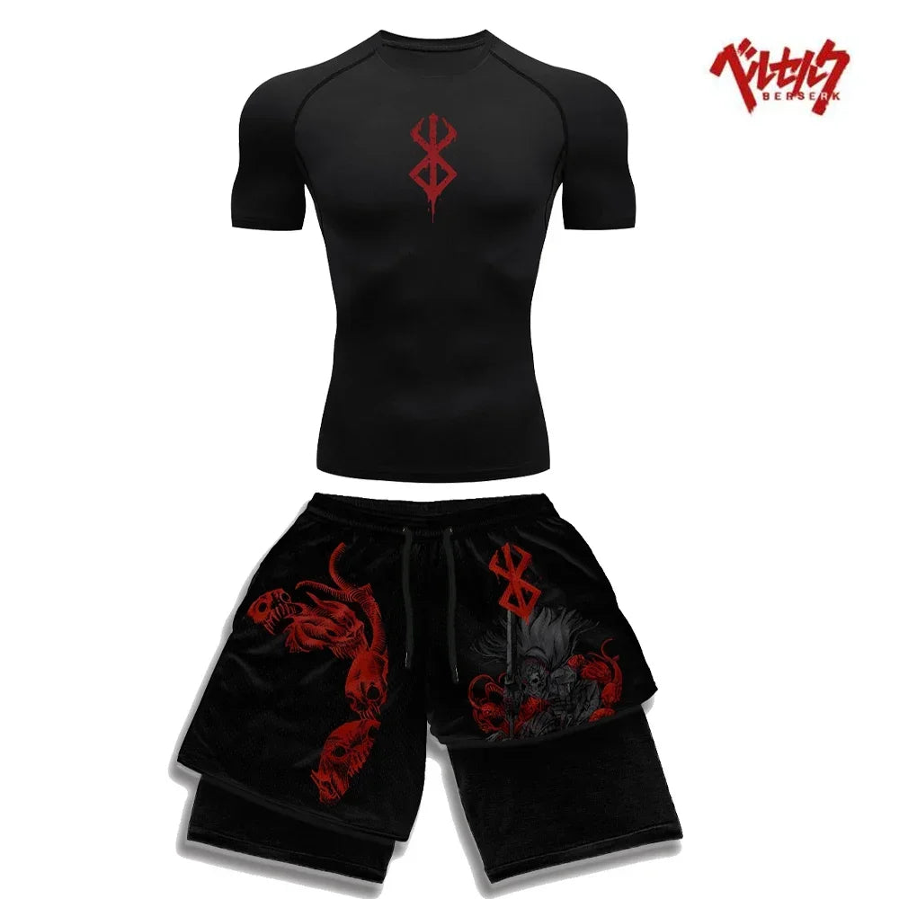 Berserk Style Compression Shirt & Shorts Set - Anime Workout Set Rash Guard