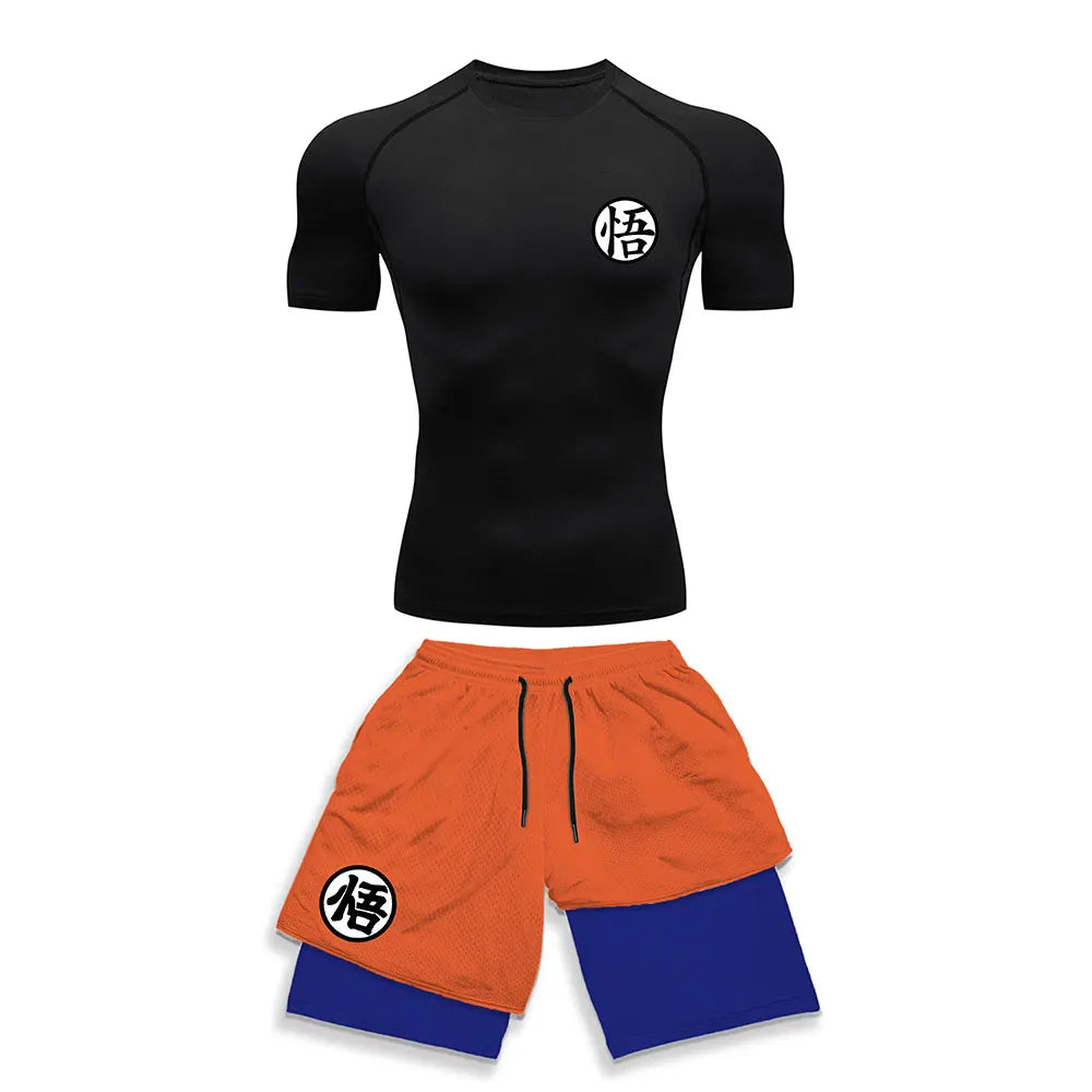 Dragon Ball Style Compression Shirt & Shorts Set - Anime Workout Set Rash Guard