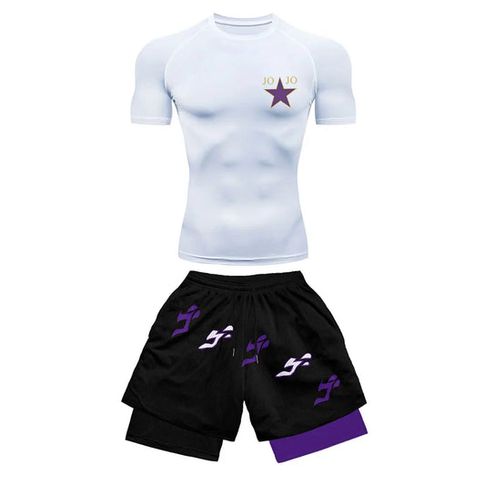 Jojo-Style Compression Shirt & Shorts Set - Anime Workout Set Rash Guard