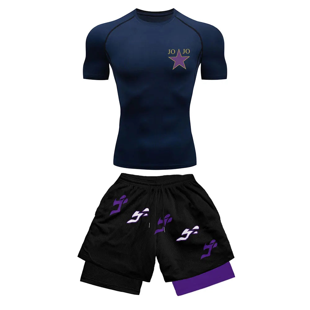 Jojo-Style Compression Shirt & Shorts Set - Anime Workout Set Rash Guard