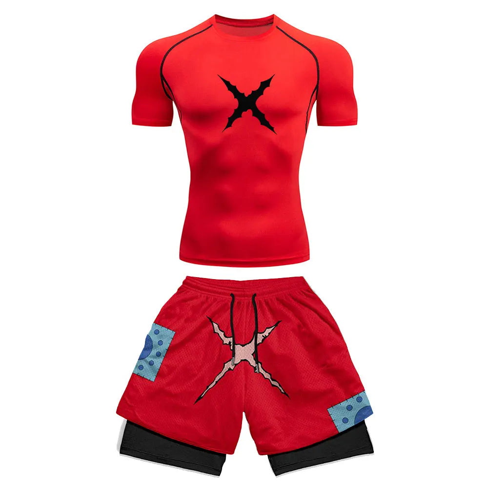 Luffy Style Compression Shirt & Shorts Set - Anime Workout Set Rash Guard