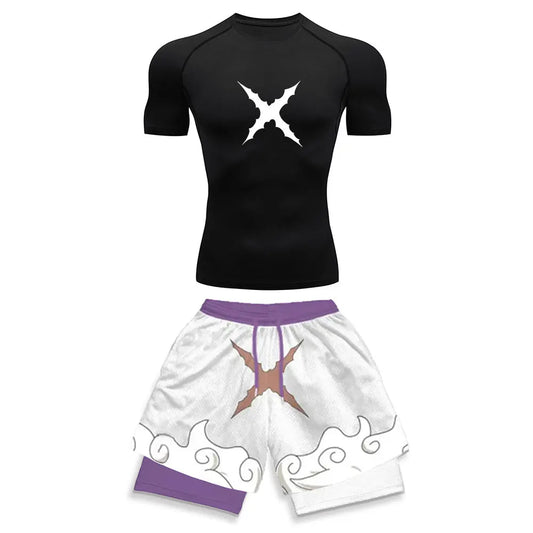 Luffy Style Compression Shirt & Shorts Set - Anime Workout Set Rash Guard