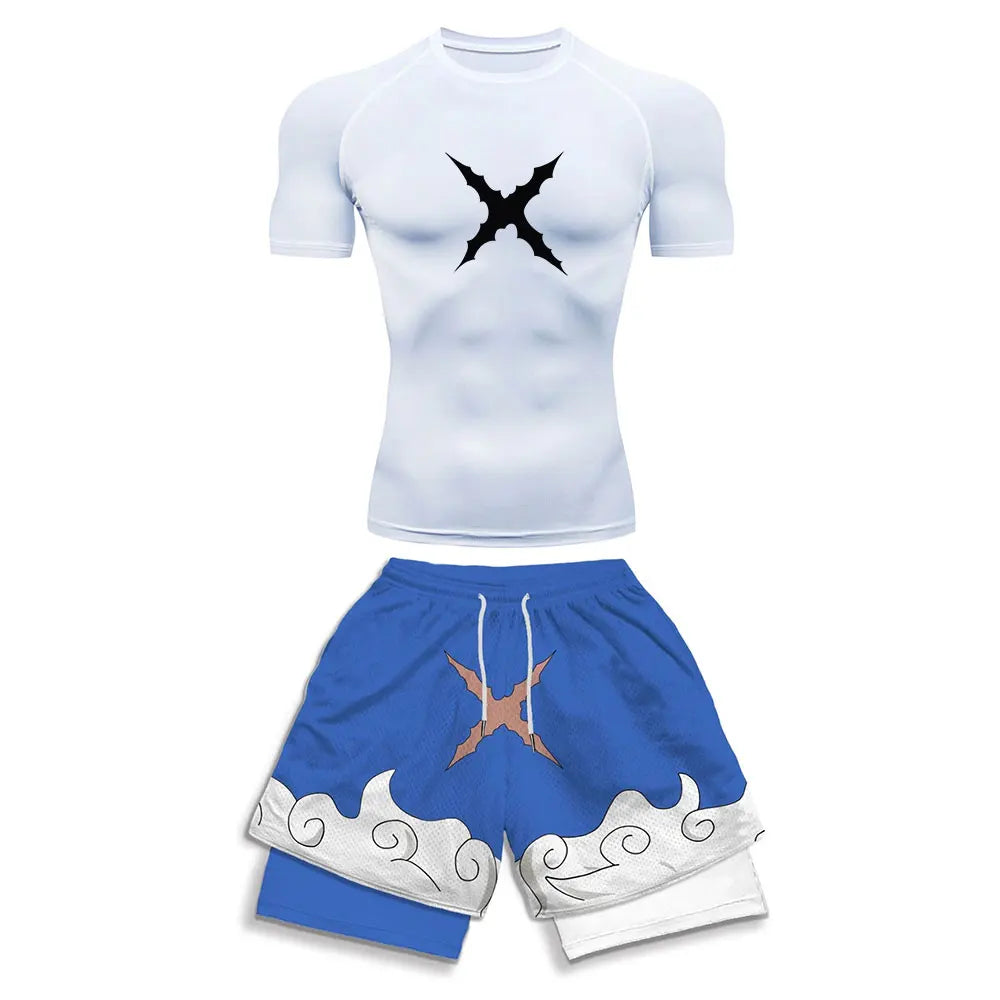 Luffy Style Compression Shirt & Shorts Set - Anime Workout Set Rash Guard
