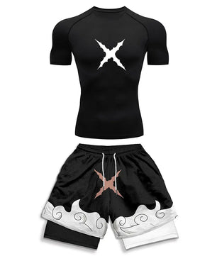 Luffy Style Compression Shirt & Shorts Set - Anime Workout Set Rash Guard