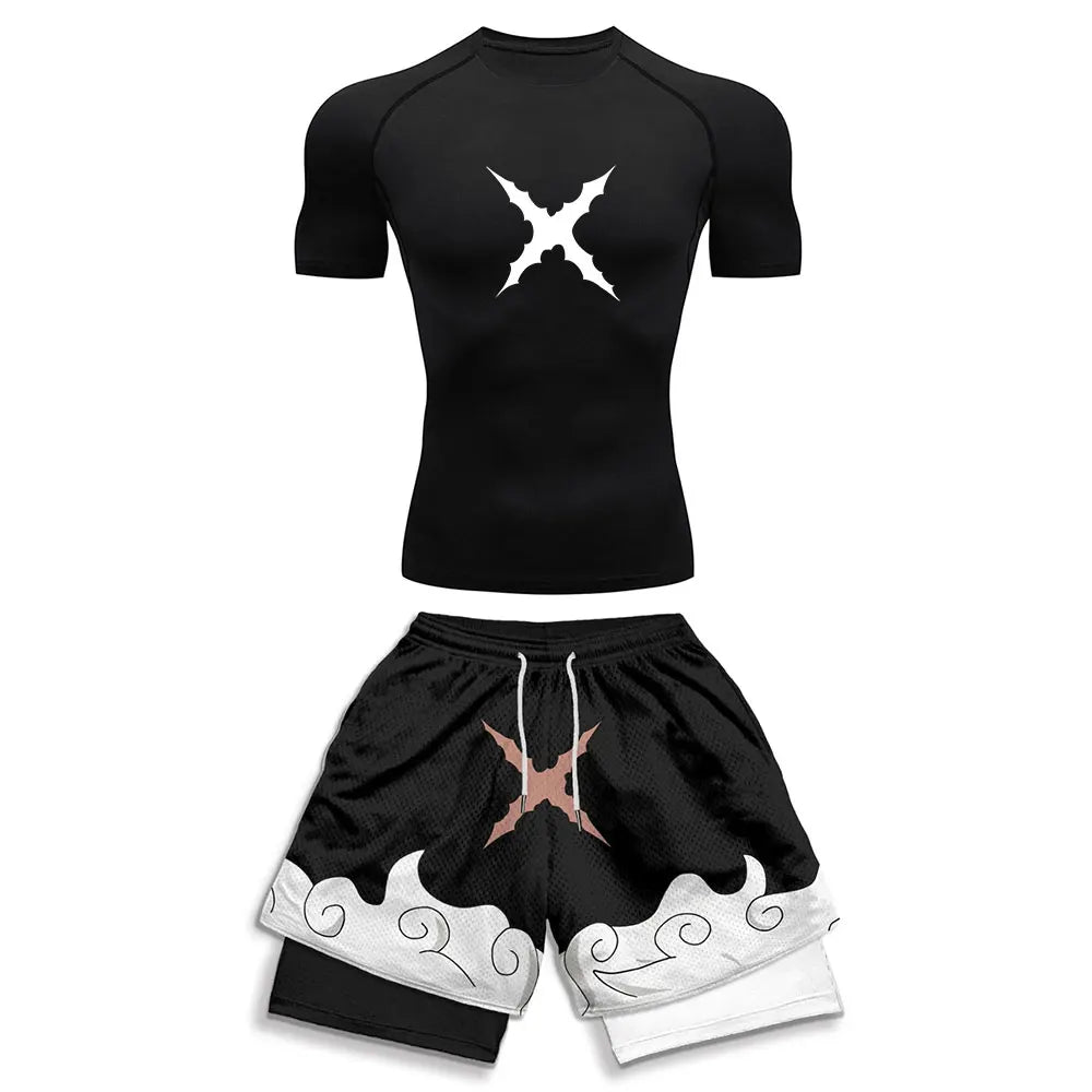 Luffy Style Compression Shirt & Shorts Set - Anime Workout Set Rash Guard