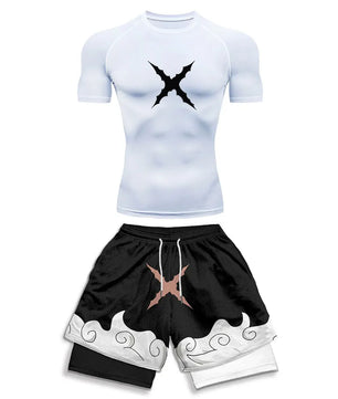 Luffy Style Compression Shirt & Shorts Set - Anime Workout Set Rash Guard