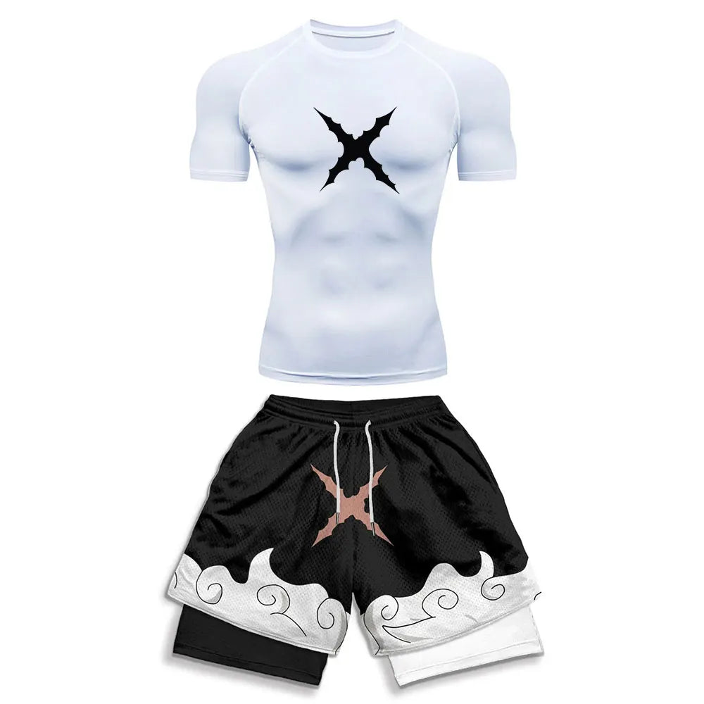 Luffy Style Compression Shirt & Shorts Set - Anime Workout Set Rash Guard