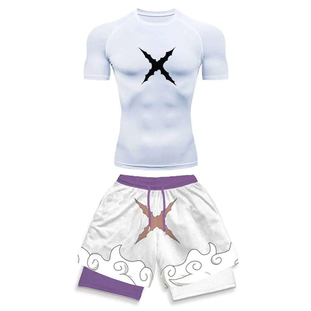 Luffy Style Compression Shirt & Shorts Set - Anime Workout Set Rash Guard
