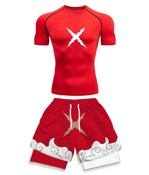 Luffy Style Compression Shirt & Shorts Set - Anime Workout Set Rash Guard