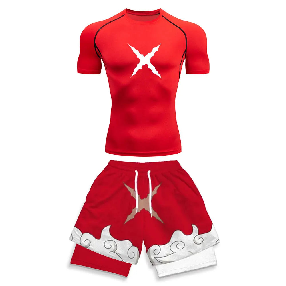 Luffy Style Compression Shirt & Shorts Set - Anime Workout Set Rash Guard