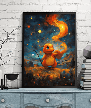 Pokemon Poster Van Gogh Style Starry Sky Canvas Charmander Poster